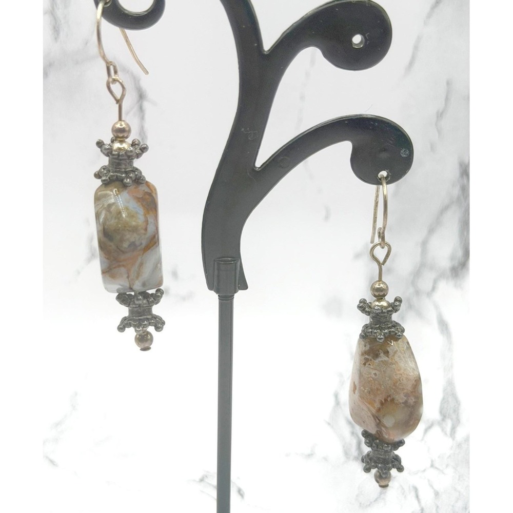 Natural Stone Dangle Earrings 2"‎ Boho Earth Tone Beaded Artisan Style